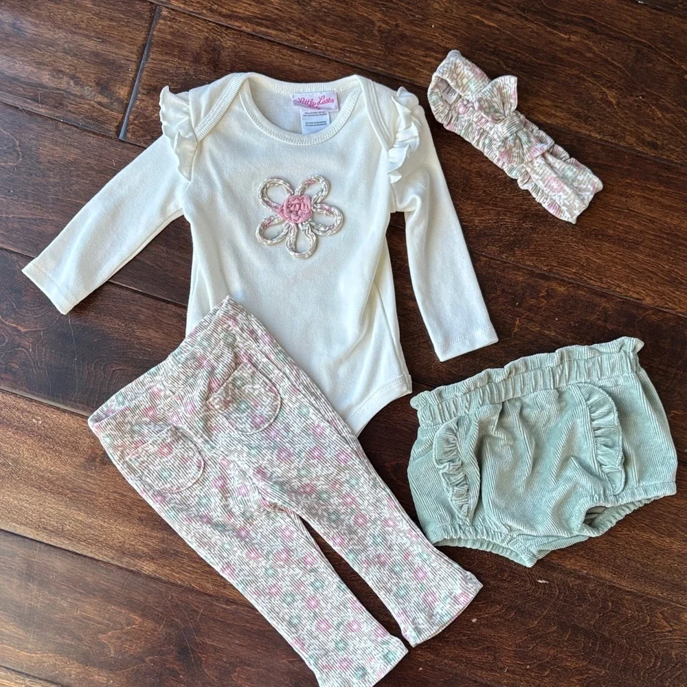 Little Lass Cream & Mint Floral 3-Piece Matching Set - Picture 2 of 4